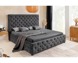 Moderná tmavá sivá zamatová manželská posteľ Kreon s úložným priestorom a prešívaním s gombíkmi v chesterfield štýle 200 cm