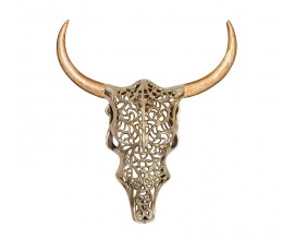 Moderná orientálna nástenná dekorácia Bull v tvare býčej lebky z kovu v zlatej farbe s ornamentálnym florálnym zdobením s rohmi z mangového dreva v naturálnom hnedom prevedení
