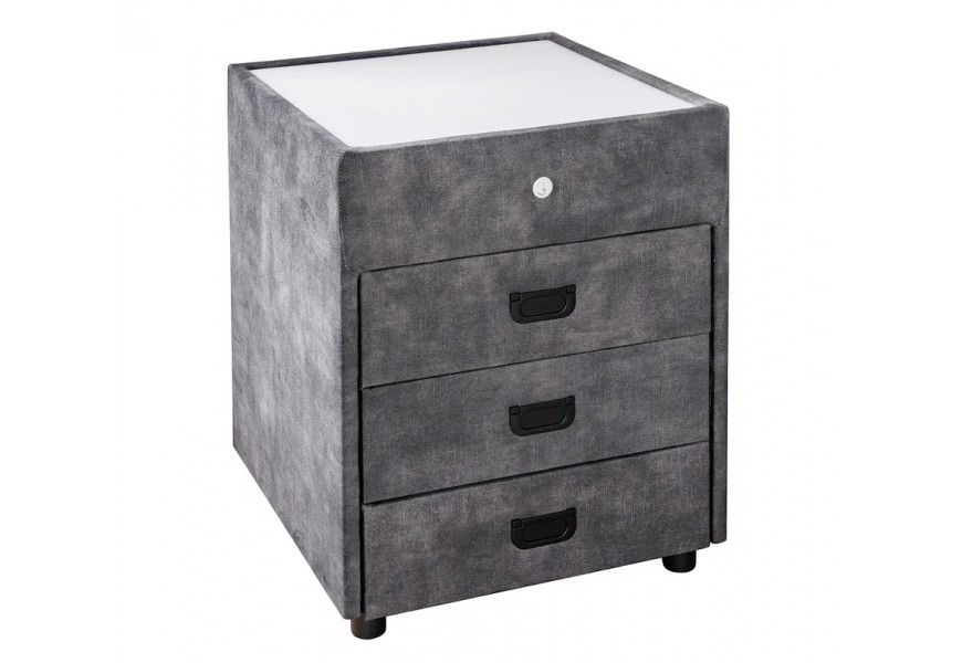 Moderný dizajnový štvorcový sivý nočný stolík Aluro so zamatovým poťahom s tromi zásuvkami a čiernymi nízkymi nožičkami s bielou vrchnou doskou s LED podsvietením