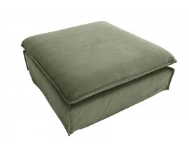 Moderná škandinávska taburetka Heaven štvorcového tvaru s nízkymi čiernymi nožičkami so sedacím vankúšom s kordovým poťahom v zelenej farbe