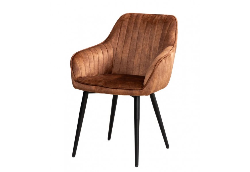 Dizajnové moderné hnedé jedálenské kreslo Vittel so zamatovým poťahom s vertikálnym prešívaním s opierkami na ruky so štyrmi čiernymi nožičkami z kovu