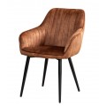Dizajnové moderné hnedé jedálenské kreslo Vittel so zamatovým poťahom s vertikálnym prešívaním s opierkami na ruky so štyrmi čiernymi nožičkami z kovu