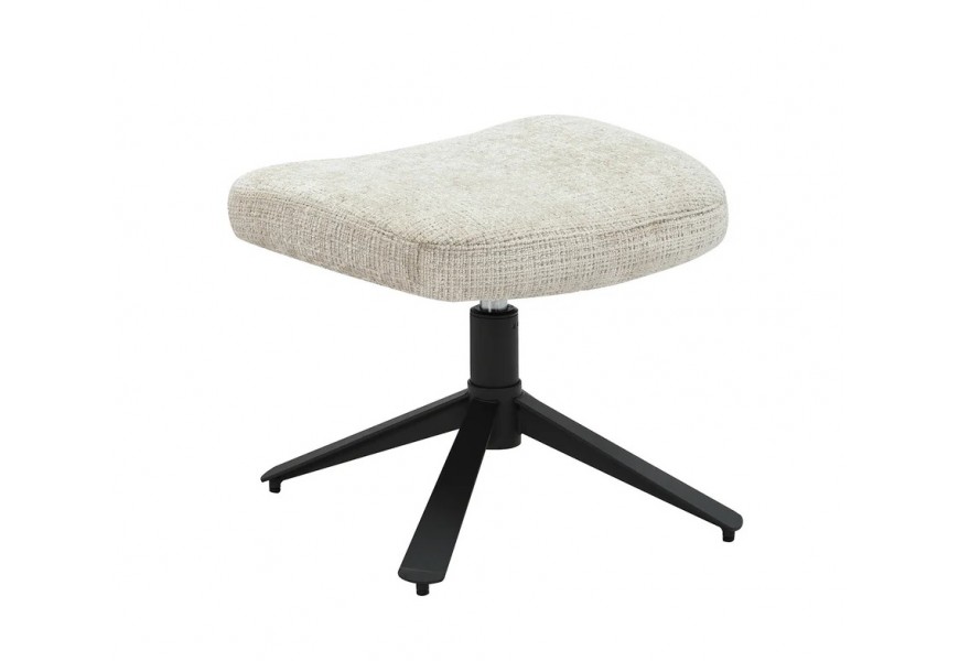 Moderná dizajnová taburetka Velly s obdĺžnikovým čalúneným sedadlom so ženilkovým poťahom v svetlej šampanskej béžovej farbe s kovovou nohou s čiernou štvorramennou podstavou