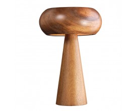 Moderná štýlová okrúhla nočná stolná lampa Fungi z masívneho akáciového dreva v hnedom odtieni s dreveným oblým tienidlom a stabilnou kužeľovou nohou v tvare huby