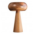 Moderná štýlová okrúhla nočná stolná lampa Fungi z masívneho akáciového dreva v hnedom odtieni s dreveným oblým tienidlom a stabilnou kužeľovou nohou v tvare huby