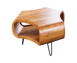 Industriálny masívny atypický konferenčný stolík Spin z akáciového dreva v hnedej farbe s policou a čiernymi nožičkami 70 cm