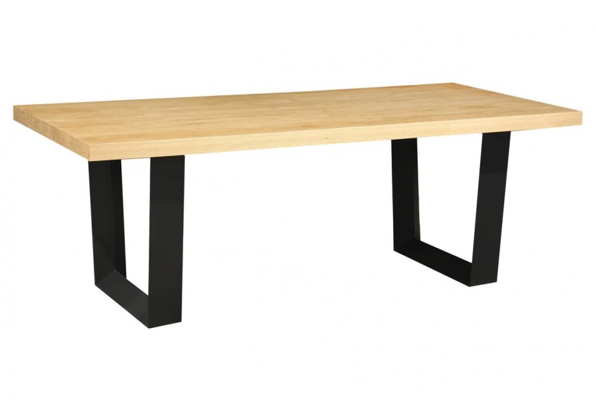 Dizajnový industriálny obdĺžnikový jedálenský stôl Dias z vrchnou doskou z dubovej dyhy v naturálnej svetlej hnedej farbe s prirodzenou kresbou letokruhov s dvomi nohami z kovu v matnej čiernej farbe v tvare U s plochým profilom