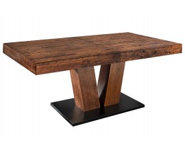 Masívny moderný obdĺžnikový jedálenský stôl Sawyer z dreva v tmavej hnedej farbe s rustikálnou patinovanou povrchovou úpravou s rozkladacou doskou s dvomi mohutnými zošikmenými nohami na obdĺžnikovej podstave v čiernej farbe