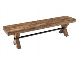 Vintage industriálna obdĺžniková lavica Sawyer bez opierok s nohami v tvare X s čiernou kovovou spojnicou z kombinácie masívneho a dyhovaného dreva v tmavej hnedej farbe s čiernou patinou a rustikálnou povrchovou úpravou
