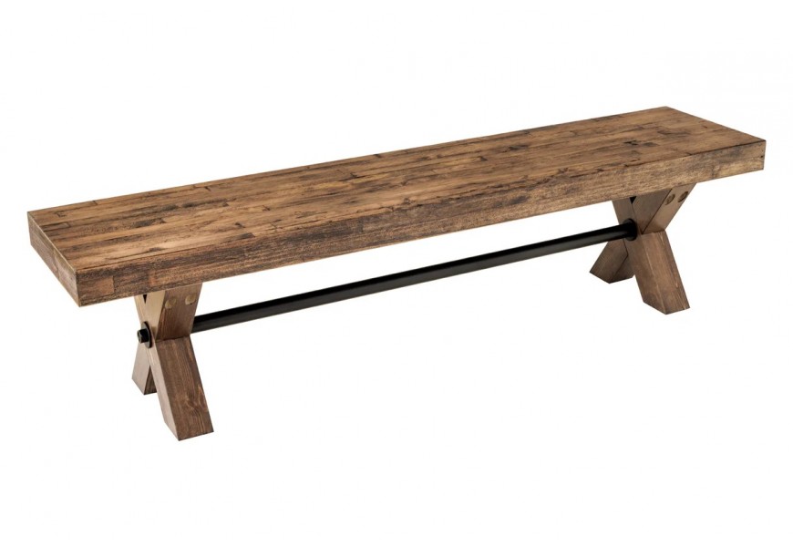 Vintage industriálna obdĺžniková lavica Sawyer bez opierok s nohami v tvare X s čiernou kovovou spojnicou z kombinácie masívneho a dyhovaného dreva v tmavej hnedej farbe s čiernou patinou a rustikálnou povrchovou úpravou