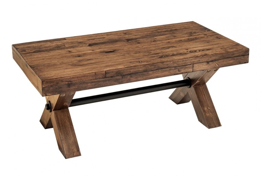 Masívny vintage konferenčný stolík Sawyer s obdĺžnikovou vrchnou doskou s dvomi nohami v tvare X s výraznou rustikálnou štruktúrou v tmavej hnedej farbe s kovovou spojnicou v čiernej farbe