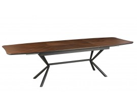 Art deco industriálny obdĺžnikový rozkladací jedálenský stôl Arkline s vrchnou doskou z dyhovaného orechového dreva v tmavej hnedej farbe so šípkovým vzorom s podstavou z kovu v čiernej farbe