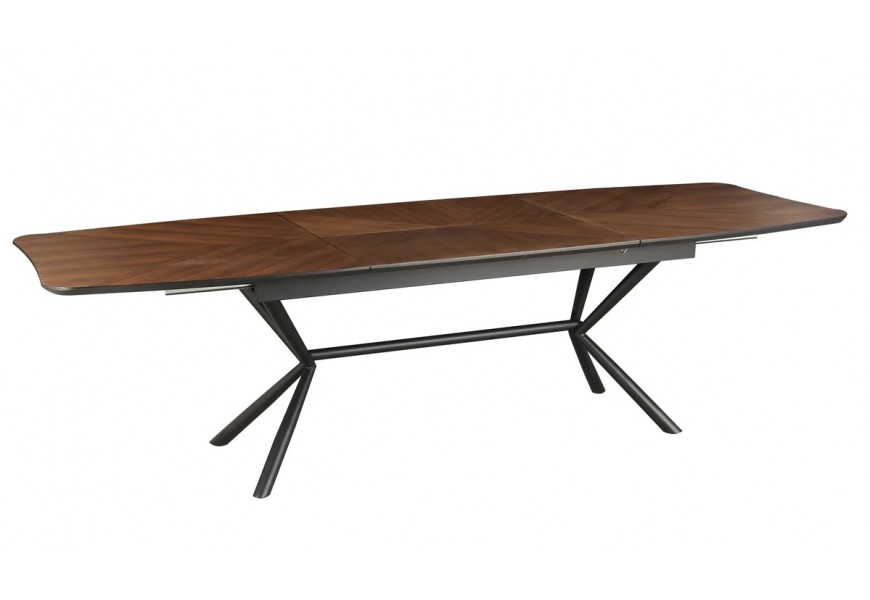 Art deco industriálny obdĺžnikový rozkladací jedálenský stôl Arkline s vrchnou doskou z dyhovaného orechového dreva v tmavej hnedej farbe so šípkovým vzorom s podstavou z kovu v čiernej farbe