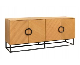 Modern&yacute; dizajnov&yacute; obdĺžnikov&yacute; pr&iacute;born&iacute;k so &scaron;tyrmi dvierkami s dekorat&iacute;vnou kresbou z dubovej dyhy s okr&uacute;hlymi čiernymi &uacute;chytkami z kovu s obdĺžnikovou podstavou