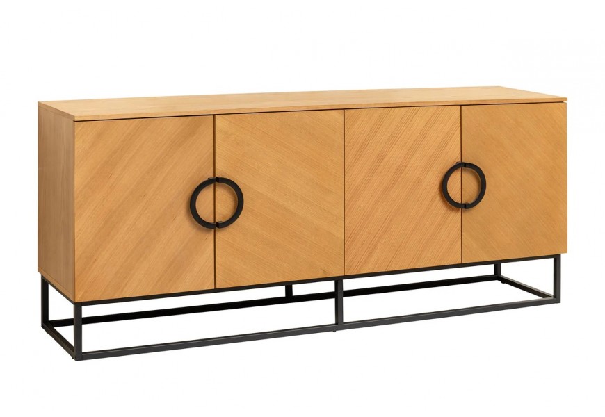 Moderný dizajnový obdĺžnikový príborník so štyrmi dvierkami s dekoratívnou kresbou s dubovej dyhy s okrúhlymi čiernymi úchytkami z kovu s obdĺžnikovou podstavou