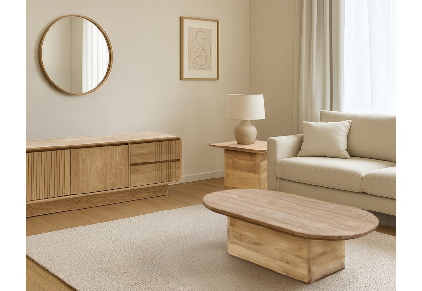 Luxusná masívna obývacia zostava nábytku Riga z teakového dreva v svetlej hnedej farbe s oválnym konferenčným stolíkom a štvorcovým príručným stolíkom s televíznym stolíkom s úložným priestorom a zaoblenými hranami