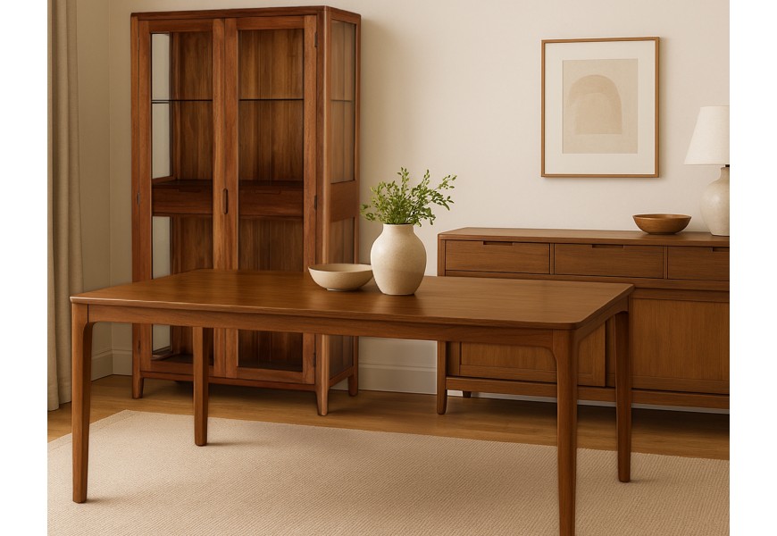 Luxusná masívna koloniálna zostava nábytku do jedálne Liberia z mahagónového dreva v teplej tmavej hnedej farbe s jemnou kresbou letokruhov s obdĺžnikovým rozkladacím jedálenským stolom a dvojdverovou presklenou vitrínou a príborníkom s posuvnými dvierkami