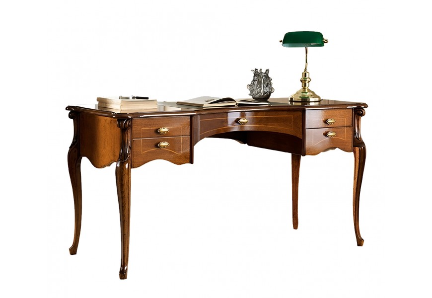 Rustik&aacute;lny luxusn&yacute; p&iacute;sac&iacute; st&ocirc;l Pasiones z mas&iacute;vneho dreva a vyrez&aacute;van&yacute;mi nožičkami s piatimi z&aacute;suvkami 150cm