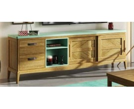 Luxusn&yacute; vidiecky obdĺžnikov&yacute; TV stol&iacute;k Quebec s dvomi posuvn&yacute;mi dvierkami a dvomi farbami s dvomi policami 200 cm