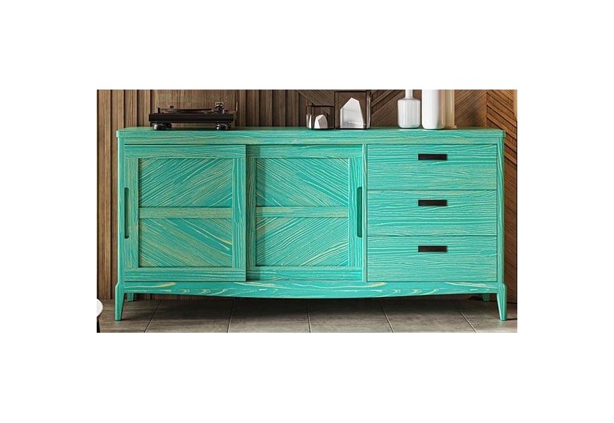 Luxusný obdĺžnikový príborník Quebec vo vidieckom štýle v zelenej farbe s výraznou drevenou štruktúrou z masívneho dreva s tromi zásuvkami a kovovými medenými úchytkami