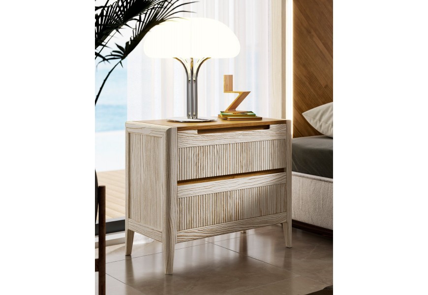 Luxusn&yacute; art deco obdĺžnikov&yacute; nočn&yacute; stol&iacute;k Tallin s dvomi z&aacute;suvkami s vr&uacute;bkovan&yacute;m povrchom 70 cm