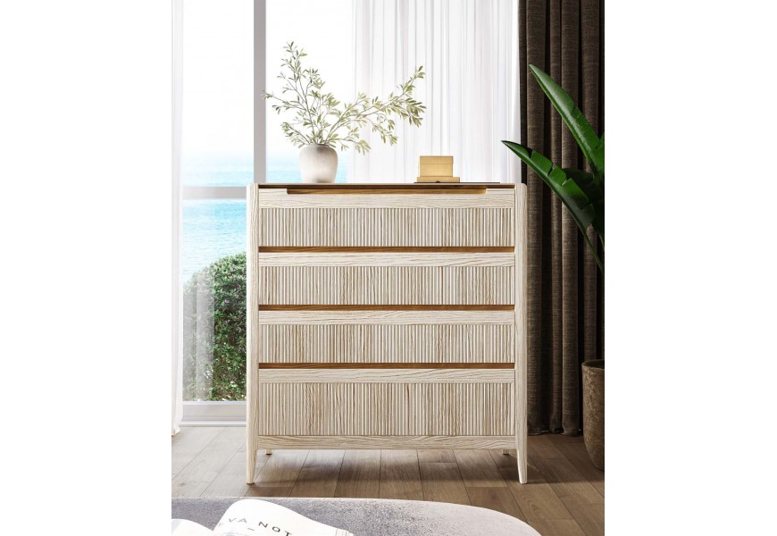 Luxusn&aacute; art deco obdĺžnikov&aacute; komoda Tallin so &scaron;tyrmi z&aacute;suvkami s vr&uacute;bkovan&yacute;m povrchom 107 cm