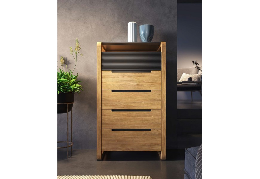 Luxusná art deco komoda Berna s piatimi zásuvkami vrátane hornej zásuvky s horizontálnym vrúbkovaním s policou a tenkou mramorovou doskou s oblými bočnými nohami z ohýbaných dosiek