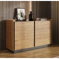 Moderná masívna hnedá vysoká komoda Praga so šiestimi zásuvkami a bočnými úchytkami s vyvýšenou podstavou
