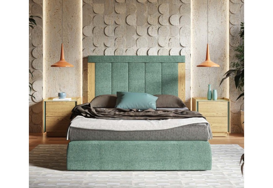 Luxusná čalúnená manželská posteľ Praga s dreveným rámom a prešívaným čelom v zelenej farbe s bočnými hnedými panelmi