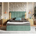Luxusná čalúnená manželská posteľ Praga s dreveným rámom a prešívaným čelom v zelenej farbe s bočnými hnedými panelmi
