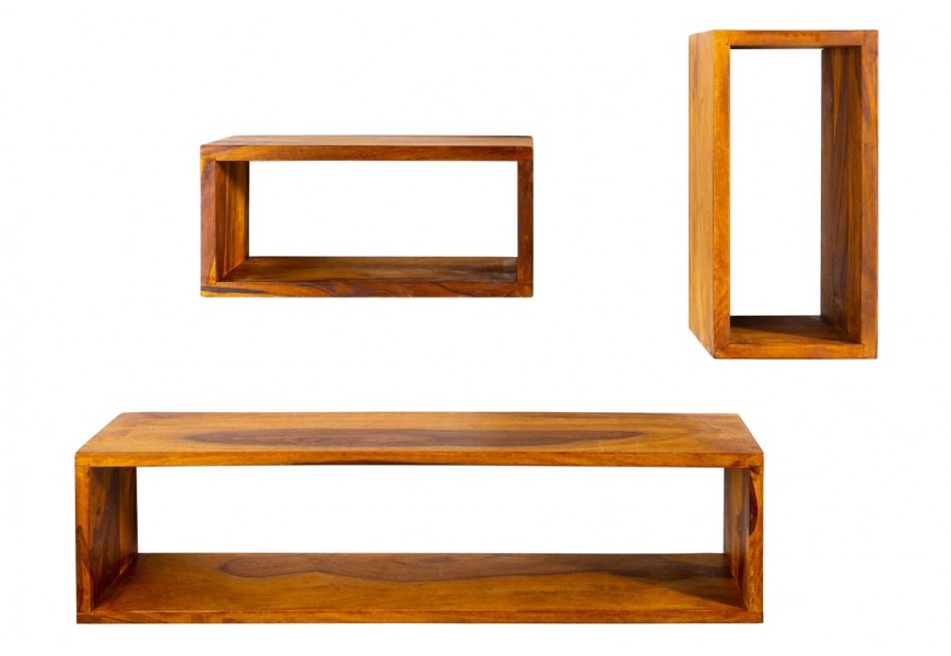 Vidiecky set troch závesných políc Hemingway v obdĺžnikovom tvare v hnedej farbe s lakovaným povrchom z masívneho sheeshamového dreva