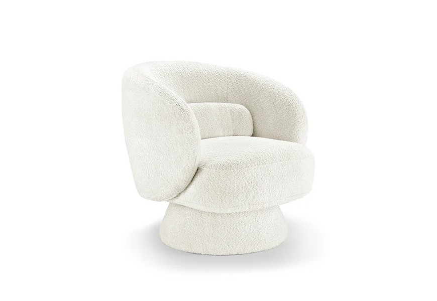 Štýlové otočné moderné kreslo Elain v okrúhlom tvare s bouclé bielym poťahom s podstavou v tvare zrezaného kužeľa