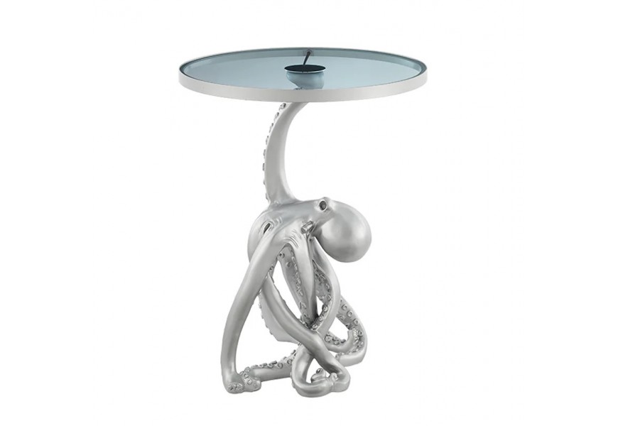 Glamour okr&uacute;hly pr&iacute;ručn&yacute; stol&iacute;k Tierra Glam so striebornou kovovou podstavou v podobe chobotnice so sklenenou doskou 53 cm