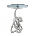 Glamour príručný stolík Tierra Glam v okrúhlom tvare so sklenenou priehľadnou doskou v sivom odtieni s led svietidlom s kovovou striebornou nohou v podobe chobotnice