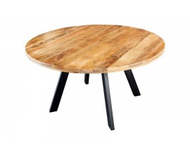 Industri&aacute;lny jed&aacute;lensk&yacute; st&ocirc;l Steele Craft v okr&uacute;hlom tvare z mas&iacute;vneho mangov&eacute;ho dreva v hnedej farbe s čiernou kovovou podnožou