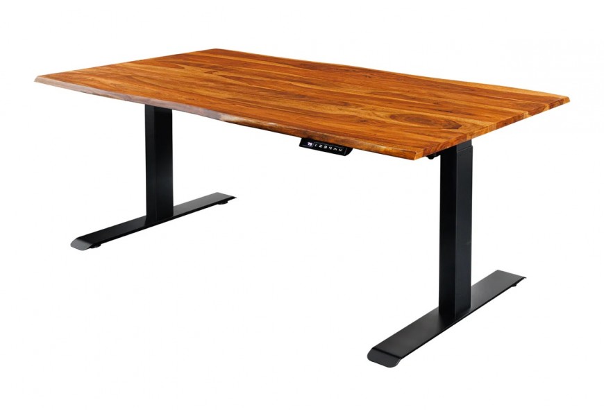 Industriálny písací stôl Mammut s výškovo nastaviteľným mechanizmom z masívneho akáciového dreva v hnedej farbe s čiernou kovovou konštrukciou