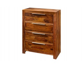 Dizajnov&aacute; obdĺžnikov&aacute; hned&aacute; mas&iacute;vna komoda Makassar zo sheeshamov&eacute;ho dreva so &scaron;tyrmi z&aacute;suvkami a strieborn&yacute;mi kovov&yacute;mi &uacute;chytkami s v&yacute;raznou drevenou &scaron;trukt&uacute;rou letokruhov