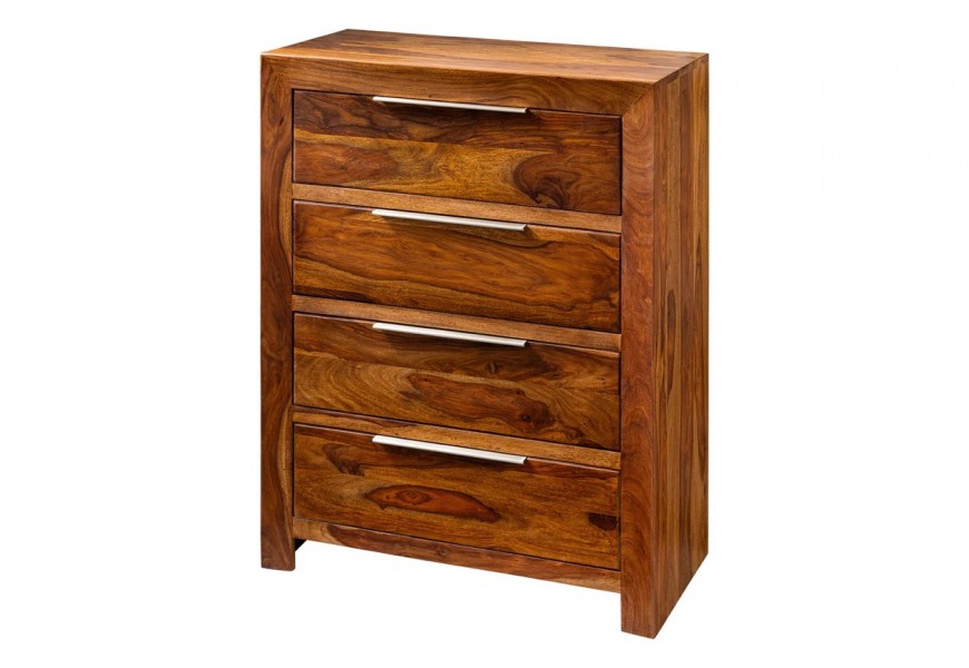 Dizajnová obdĺžniková hnedá masívna komoda Makassar zo sheeshamového dreva so štyrmi zásuvkami a striebornými kovovými úchytkami s výraznou drevenou štruktúrou letokruhov