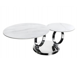 Glamour mramorový biely konferenčný stolík Delin s dvomi otočnými okrúhlymi doskami a chrómovanou podstavou 80-133 cm