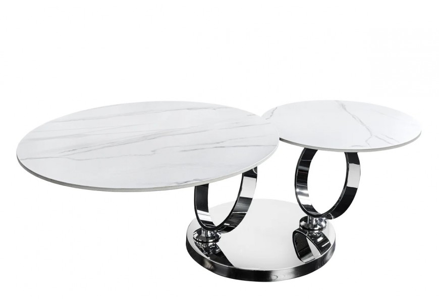 Glamour mramorov&yacute; biely konferenčn&yacute; stol&iacute;k Delin s dvomi otočn&yacute;mi okr&uacute;hlymi doskami a chr&oacute;movanou podstavou 80-133 cm