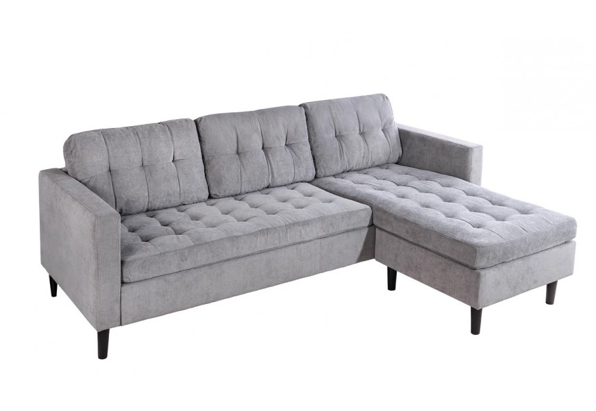 Moderná trojmiestna univerzálna rohová sedačka Sallen v sivej farbe s menčestrovým mikrovláknovým poťahom a štvorcovým prešívaním s vysokými čiernymi nožičkami