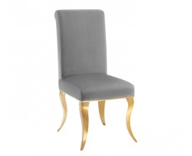 Dizajnová moderná jedálenská stolička Gold Barock so zamatovým poťahom v sivej farbe a so zlatými kabriolovými nožičkami 105 cm