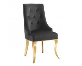Dizajnová glamour jedálenská stolička Gold Barock s kabriolovými nohami v zlatej farbe a čiernym zamatovým poťahom 100 cm