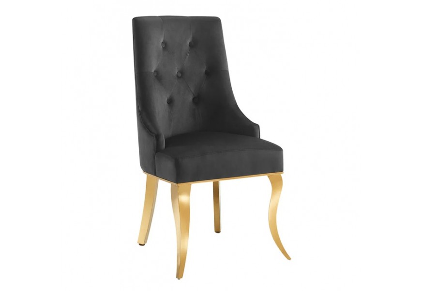 Dizajnová baroková glamour jedálenská stolička Gold Barock so zlatými kabriolovými nohami z nehrdzavejúcej ocele a dekoratívnym klopadlom v tvare levej hlavy s čiernym zamatovým poťahom