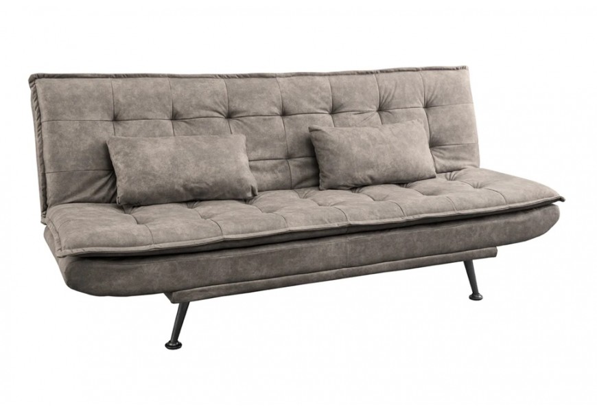 Škandinávska rozkladacia trojmiestna sedačka Manchester s poťahom z mikrovlákna v hnedej farbe s prešívaním v štvorcovom tvare s kovovými čiernymi nožičkami