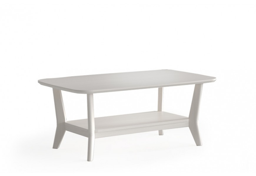 Luxusný dizajnový masívny konferenčný stolík Tallin s obdĺžnikovou vrchnou doskou so zaoblenými rohmi s prehnutými nohami a policou v bielej farbe