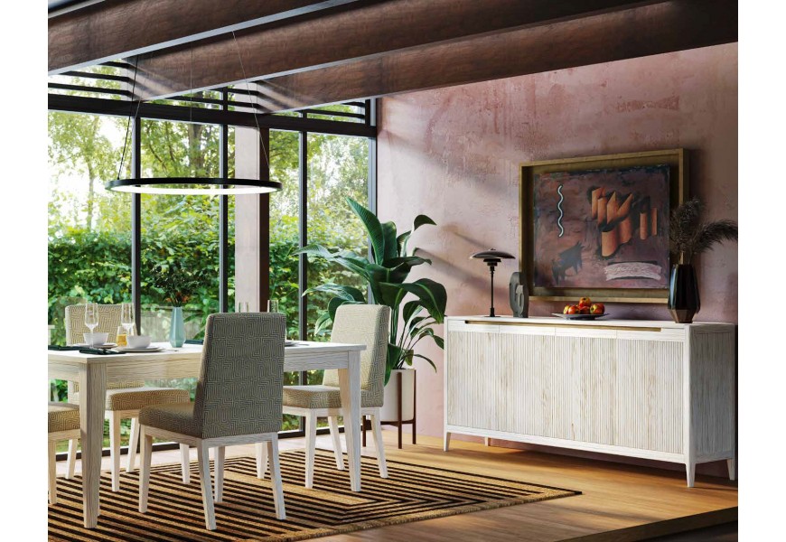 Luxusná art deco masívna zostava nábytku do jedálne Tallin v svetlom krémovom prevedení so štvordverovým príborníkom s rebrovaným reliéfom s obdĺžnikovým rozkladacím stolom a čalúnenými stoličkami