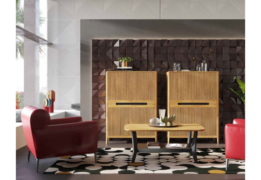 Luxusná moderná masívna zostava nábytku do obývačky Tallin s obdĺžnikovým konferenčným stolíkom s policou a barovými skrinkami a televíznym stolíkom s drážkovaným reliéfom v hnedom prevedení