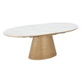 Dizajnový oválny rozkladací jedálenský stôl Marmol Ligna s bielou keramickou vrchnou doskou s mramorovým dizajnom a dyhovaným drevom s dubovým vzhľadom s kužeľovou hladkou nohou v hnedej farbe