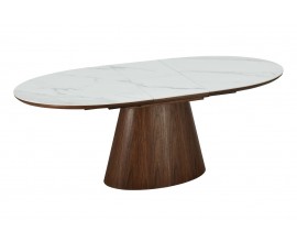 Art deco ov&aacute;lny rozkladac&iacute; jed&aacute;lensk&yacute; st&ocirc;l Marmol Lignia s mramorov&yacute;m vzhľadom a kužeľovou tmavo hnedou nohou 160-200 cm 